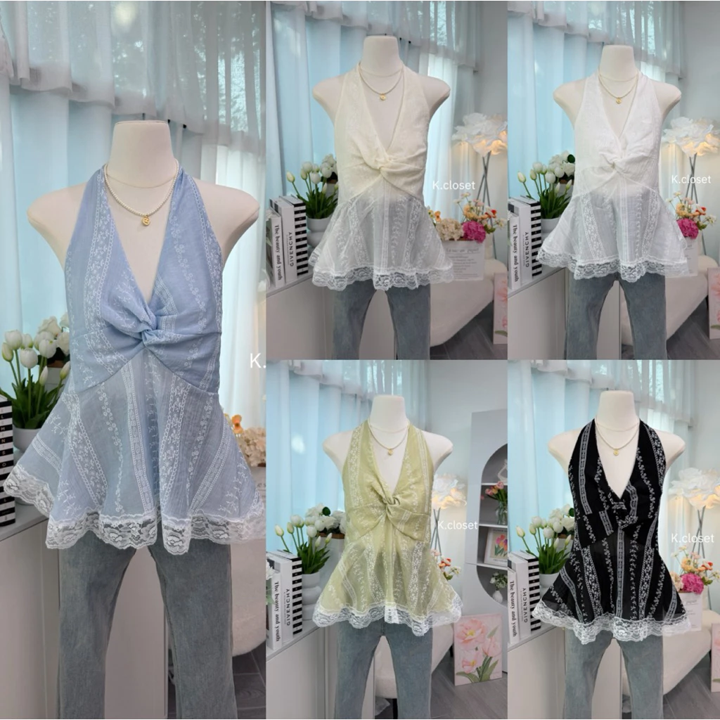 (อก28-42) เสื้อสายคล้องคอทรงทวิตหน้า ผ้าโรซี่พิมพ์ detail แต่งชายทุกไม้สาวอวบใส่ได้อกถึง 42 นิ้ว รับซัมเมอร์☀️🏝️(ผ้าบาง)