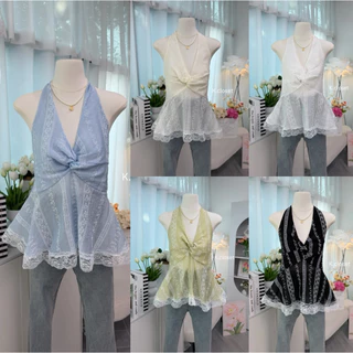 (อก28-42) เสื้อสายคล้องคอทรงทวิตหน้า ผ้าโรซี่พิมพ์ detail แต่งชายทุกไม้สาวอวบใส่ได้อกถึง 42 นิ้ว รับซัมเมอร์☀️🏝️(ผ้าบาง)