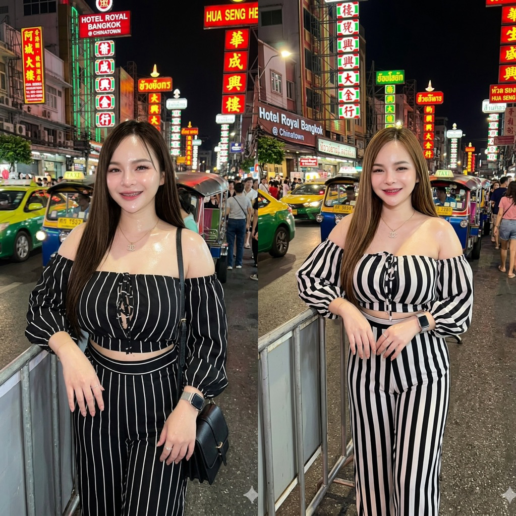 เซ็ต2ชิ้น สาวอวบ เสื้อปาดไหล่ กางเกงขายาว ลายทาง