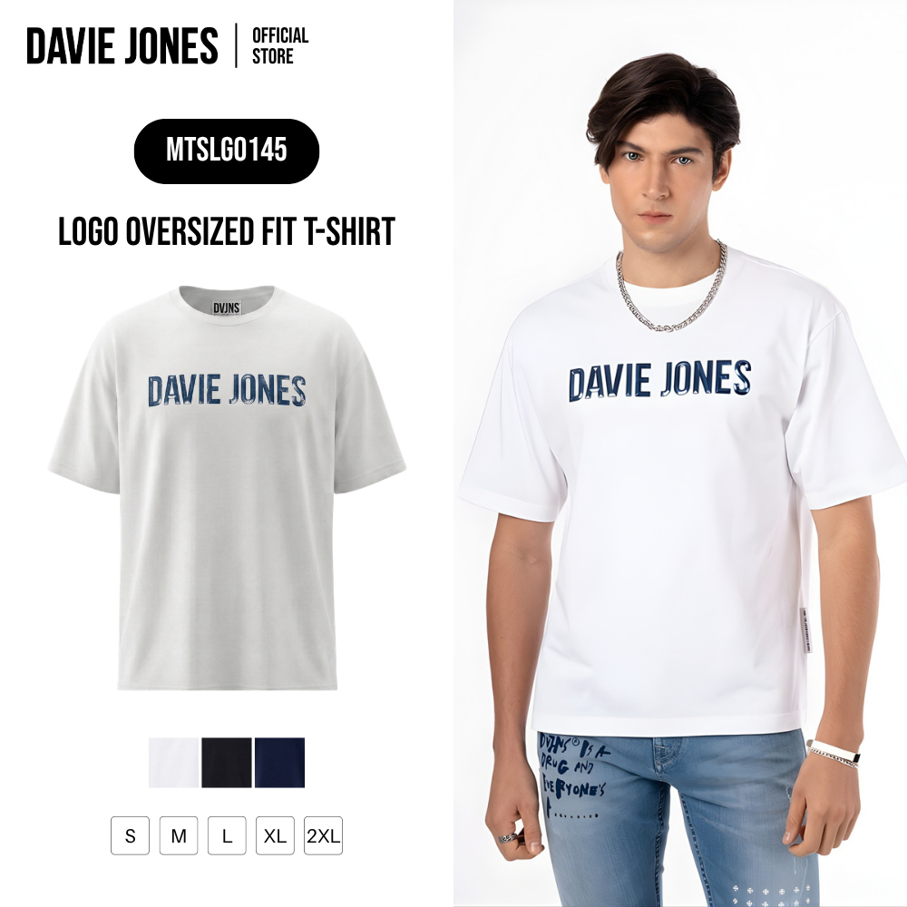 DAVIE JONES [BE FEARLESS] เสื้อยืดผู้ชาย Logo Oversized Fit T-Shirt สีขาว ดำ กรม LG0145