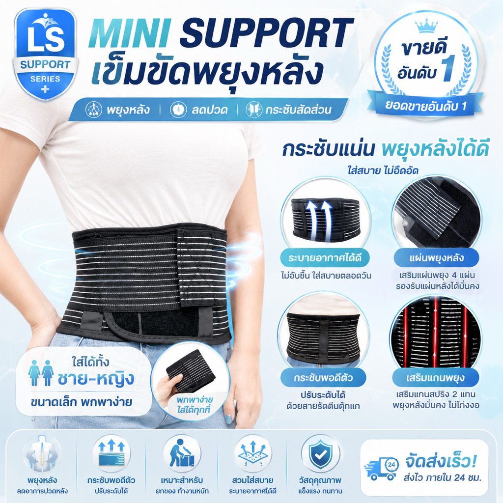 เข็มขัดพยุงหลัง รัดหน้าท้อง รุ่นมินิ ไม่อึดอัด ใช้งานสะดวก สินค้างานไทย MINI BACK SUPPORT