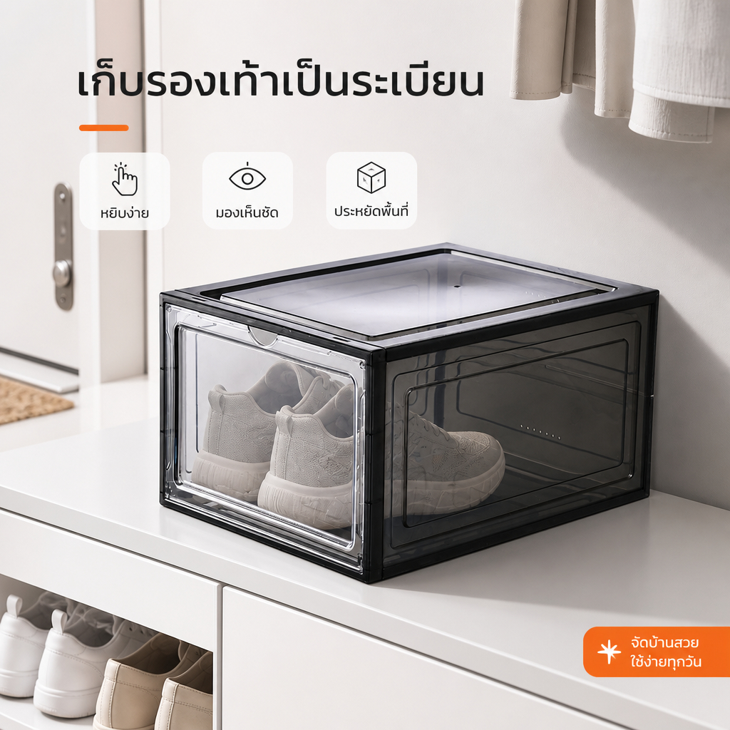 กล่องใส่รองเท้า พลาสติกแข็งใส วัสดุอะคริลิก สามารถซ้อนได้หลายชั้น ฝาเปิดด้านหน้า แข็งแรงมาก