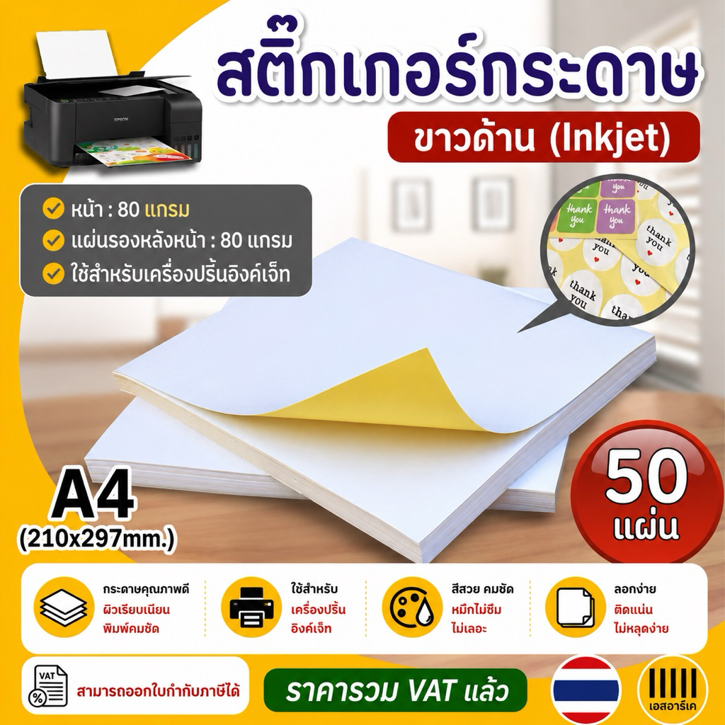สติ๊กเกอร์ A4 ขาวมัน,ขาวด้าน 80 แกรม (50 แผ่น) กระดาษ A4 สติ๊กเกอร์, สติ๊กเกอร์กระดาษ ไม่กันน้ำ