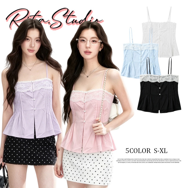 Rita พร้อมส่ง🍒เสื้อสายเดี่ยวลูกไม้ คอปิดไหล่ ทรงกระโปรง แฟชั่นสาวหวาน 5สี S-XL ใส่ได้ทุกวัน
