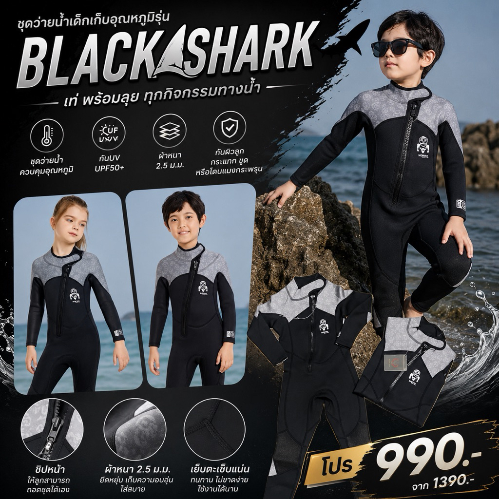 ชุดว่ายน้ำเด็กเก็บอุณหภูมิรุ่น Black Shark มาโทนดำ เรียบ เท่(SW256)