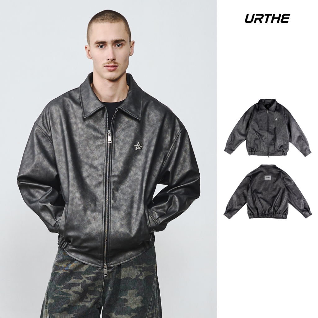 URTHE - เสื้อแจ็คเก็ต Oversize รุ่น REPUBLICS END THROUGH LEATHER BLOUSON JACKET
