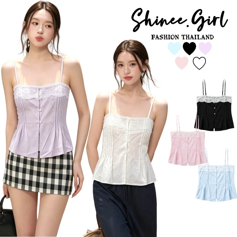SHG พร้อมส่ง🌹เสื้อกล้ามสายเดี่ยวลูกไม้ คอปกปิดกระดุม แต่งระบาย สไตล์หวานๆ เหมาะใส่ไปเที่ยว/ออกเดท สำหรับผู้หญิง