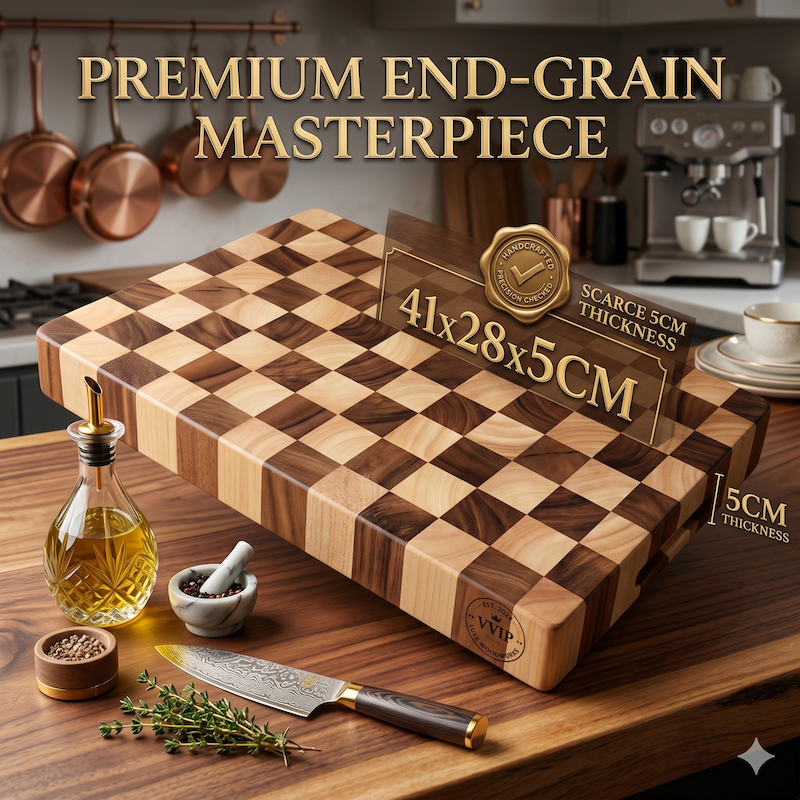 Premium End Grain Two-Tone Check Cutting Board 41x28x5cm เขียงไม้แฮนด์เมดทูโทน 5cm 앤드그레인 5cm 투톤 도마