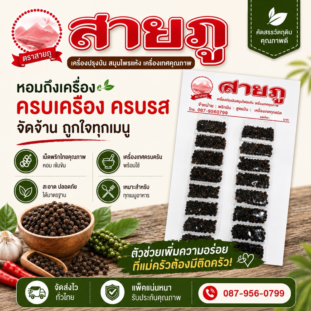 พริกไทยเม็ด ดำแท้แบบแผงยาวตราสายภู[20ซอง]