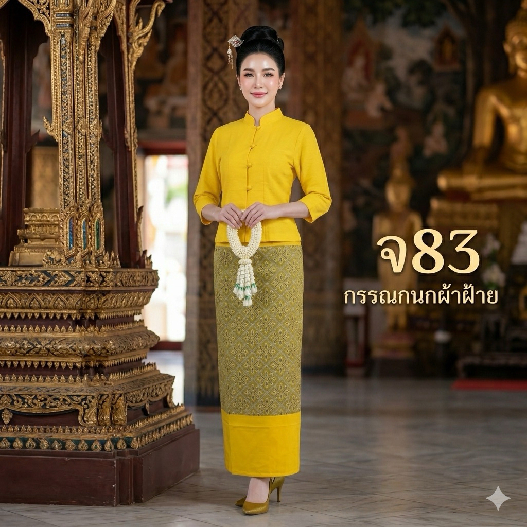 ชุดไทยจิตรลดาสีเหลือง เนื้อผ้าฝ้าย แขนสามส่วน ไม่อัดกาว