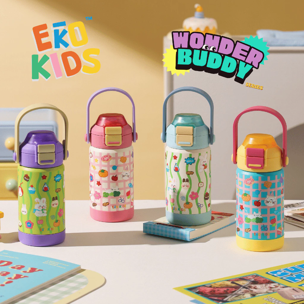 EKOKIDS รุ่นฝา 2 ชั้น ขวดน้ำสแตนเลส 304 เคลือบเซรามิก ขนาด 360ml/12oz ขวดน้ำสำหรับเด็ก มีหลอดดูด
