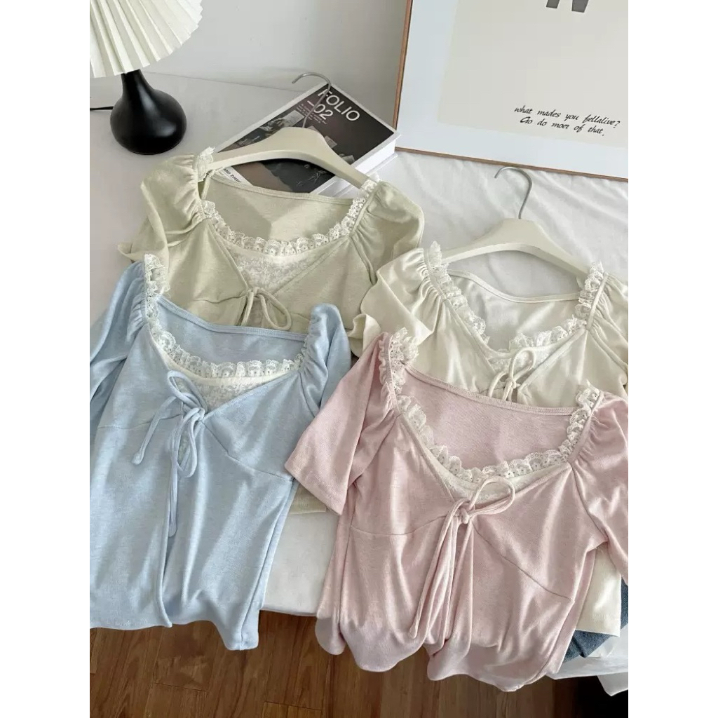 Eva Blouse เสื้อสีพาสเทลทูเลเยอร์ ด้านในเป็นลูกไม้ แต่งผูกหน้า ผ้านิ่มยืด freesize