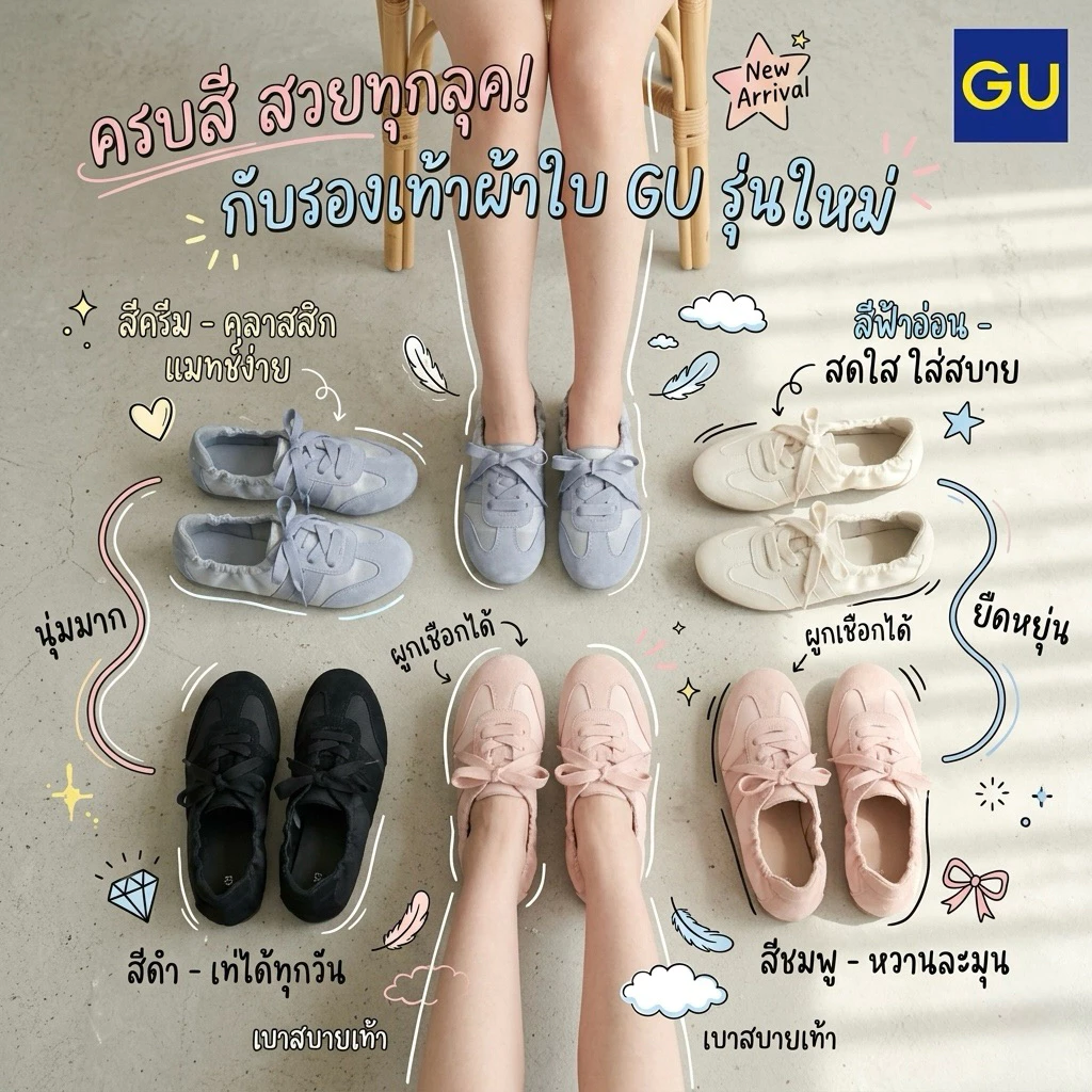 พร้อมส่งในไทย ราคาดีที่สุด!!! sale 35%!รองเท้าของแท้จาก GU ทรงบัลเล่ต์แนวสปอร์ตใส่สบายลูกเล่นน่ารัก