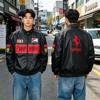 【พร้อมส่งไทย】F1 Ferrari แจ็คเก็ต เสื้อแข่งรถ ลำลอง อเมริกันย้อนยุค ปักลาย กันลม แบบมีซิป สำหรับผู้ชายผู้หญิง