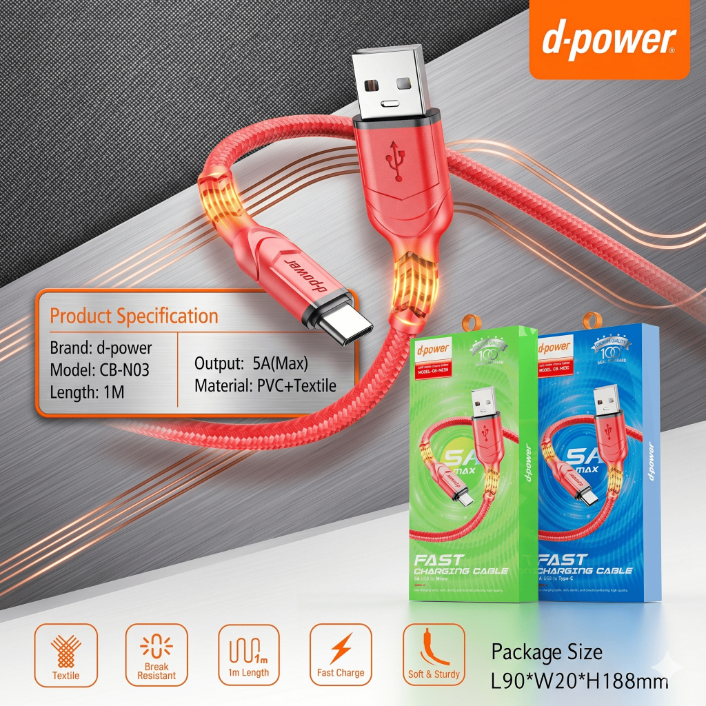 d-power สายชาร์จเร็ว 5A MAX รุ่น CB-N03 สายถักพรีเมียม ทนทาน หุ้มข้อต่อกันหัก 1M(Micro USB/Type-C)