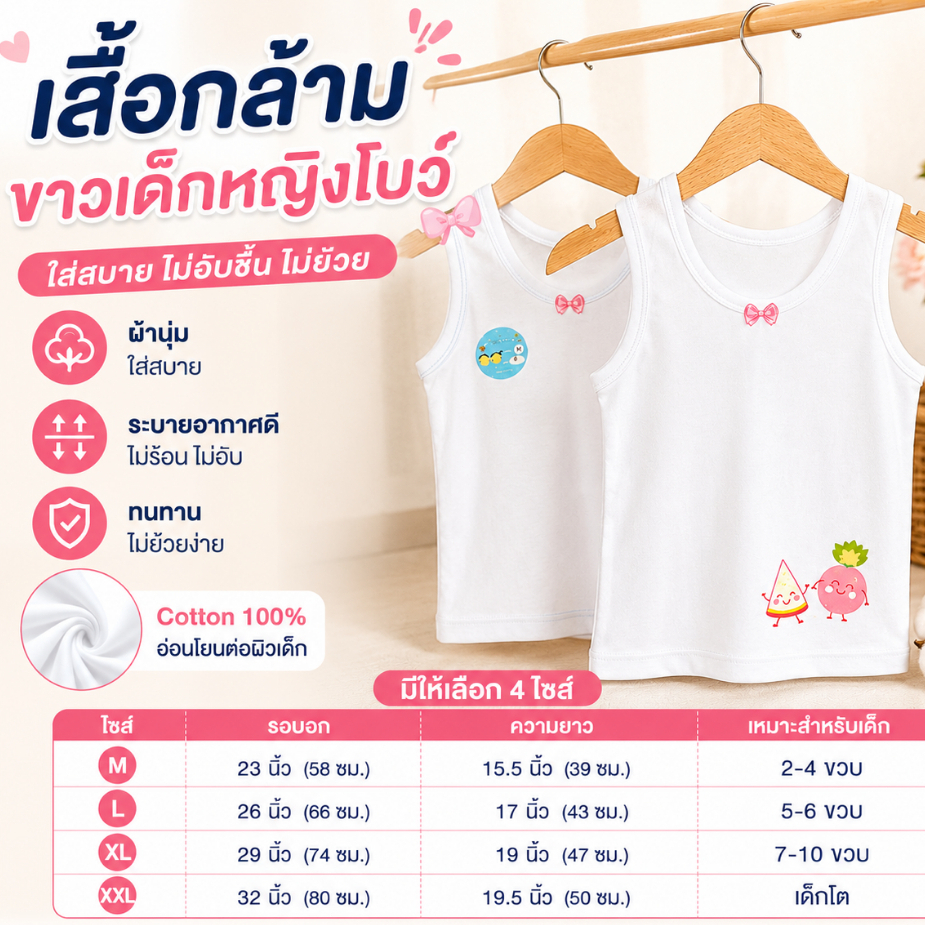 สุดคุ้ม!! (แพ็ค3ตัว/1ตัว) เสื้อทับในเด็กหญิง เสื้อกล้ามขาวเด็กหญิง(โบว์)