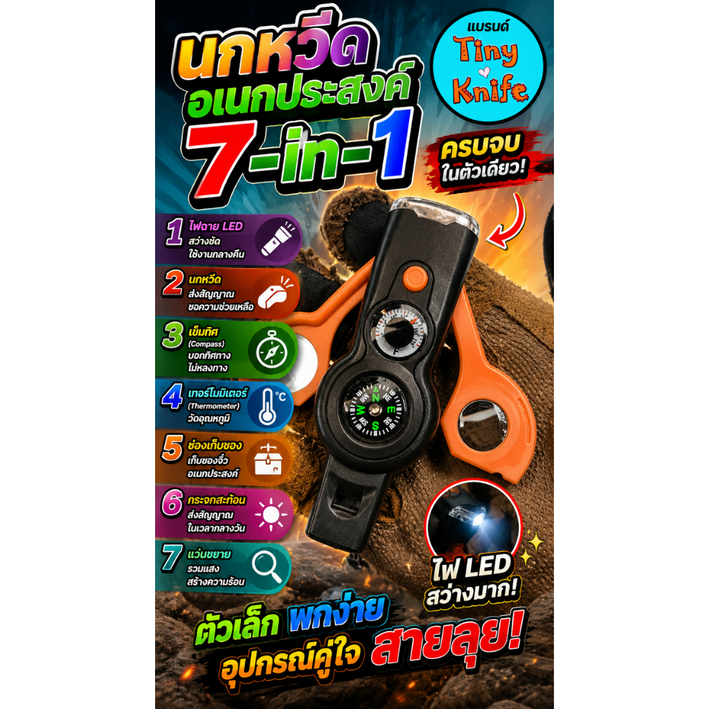 นกหวีดอเนกประสงค์ 7in1 TK832 สีส้ม-ดำ สำหรับใช้งานกลางแจ้ง ประกอบด้วย นกหวีดเอาตัวรอด นกหวีดกู้ภัย พร้อมไฟ LED