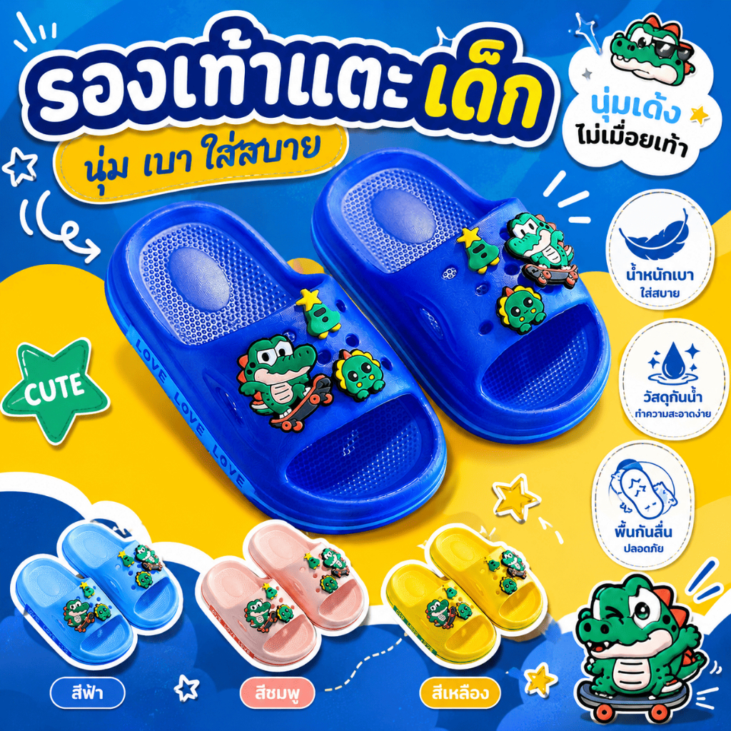 [พร้อมส่ง] รองเท้าแตะเด็ก ลายจระเข้ น่ารัก พื้นนุ่ม กันลื่น ใส่ในบ้านและนอกบ้าน แฟชั่นฤดูร้อน