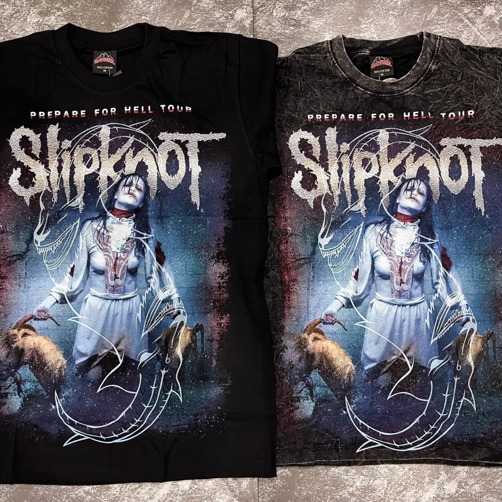 เสื้อยืดผ้าดำ-ผ้าฟอก Slipknot จับแพะ (ป้ายRocktee เรืองแสง) ผ้าCotton100