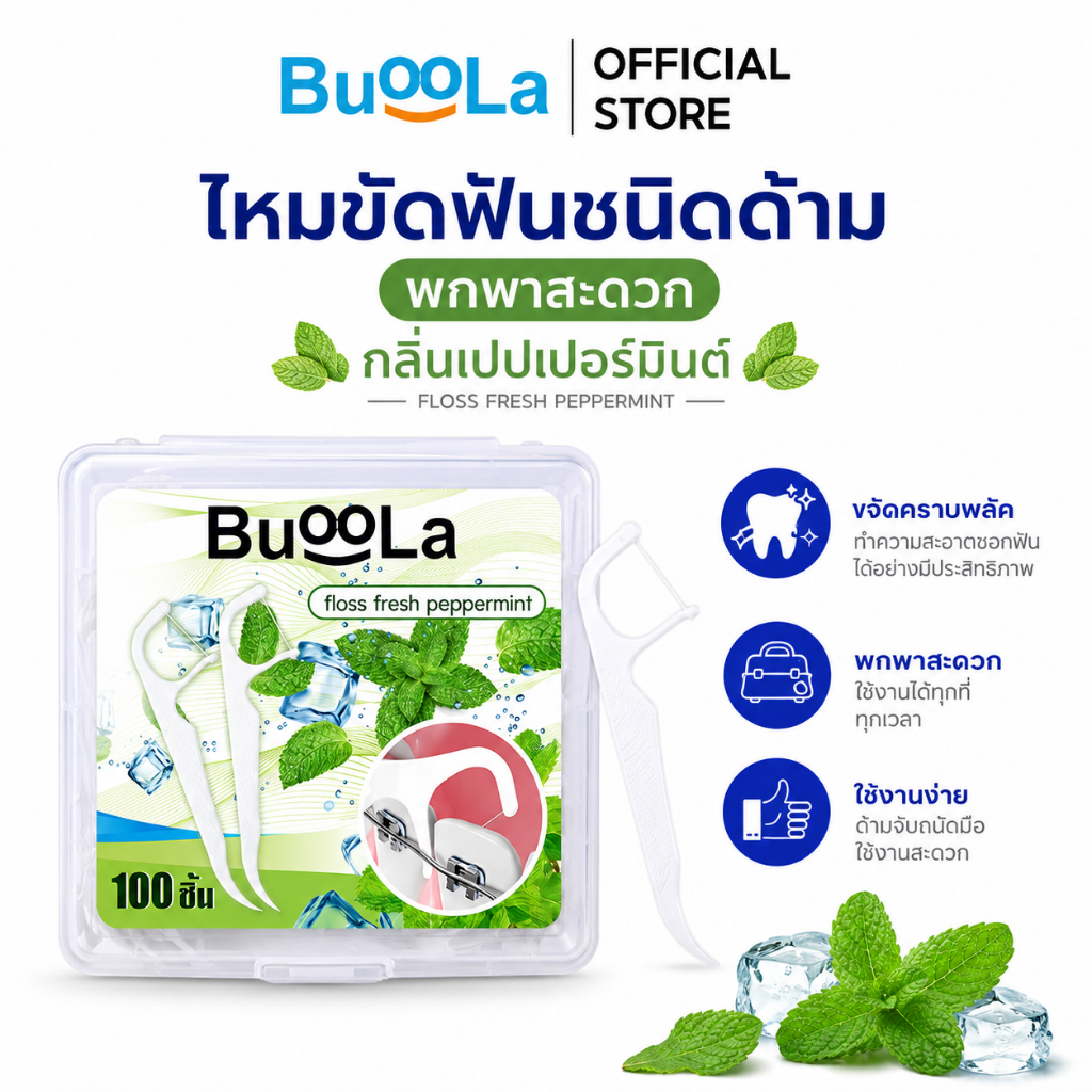 [มีให้เลือก 1-4 กล่อง] Buoola ไหมขัดฟัน กลิ่นเปปเปอร์มินท์  ช่วยขจัดเศษอาหาร เส้นไหมเหนียวทน