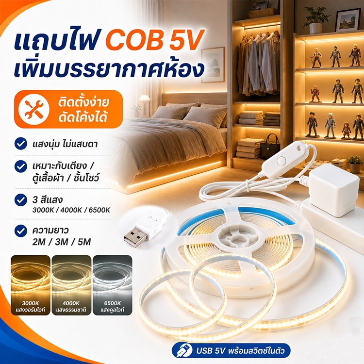 2M/3M/5M แถบไฟ LED Strip Light ไฟเส้นสายยาว ความหนาแน่นสูง COB ยืดหยุ่น DC5V RA90 3000K 4000K 6000K ไฟตกแต่ง มีการประกัน