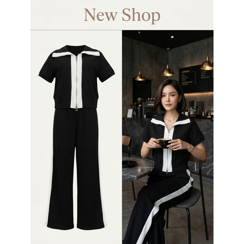 ชุดเซ็ตสีดำเสื้อซิปหน้า + กางเกงขายาวสไตล์เรียบ