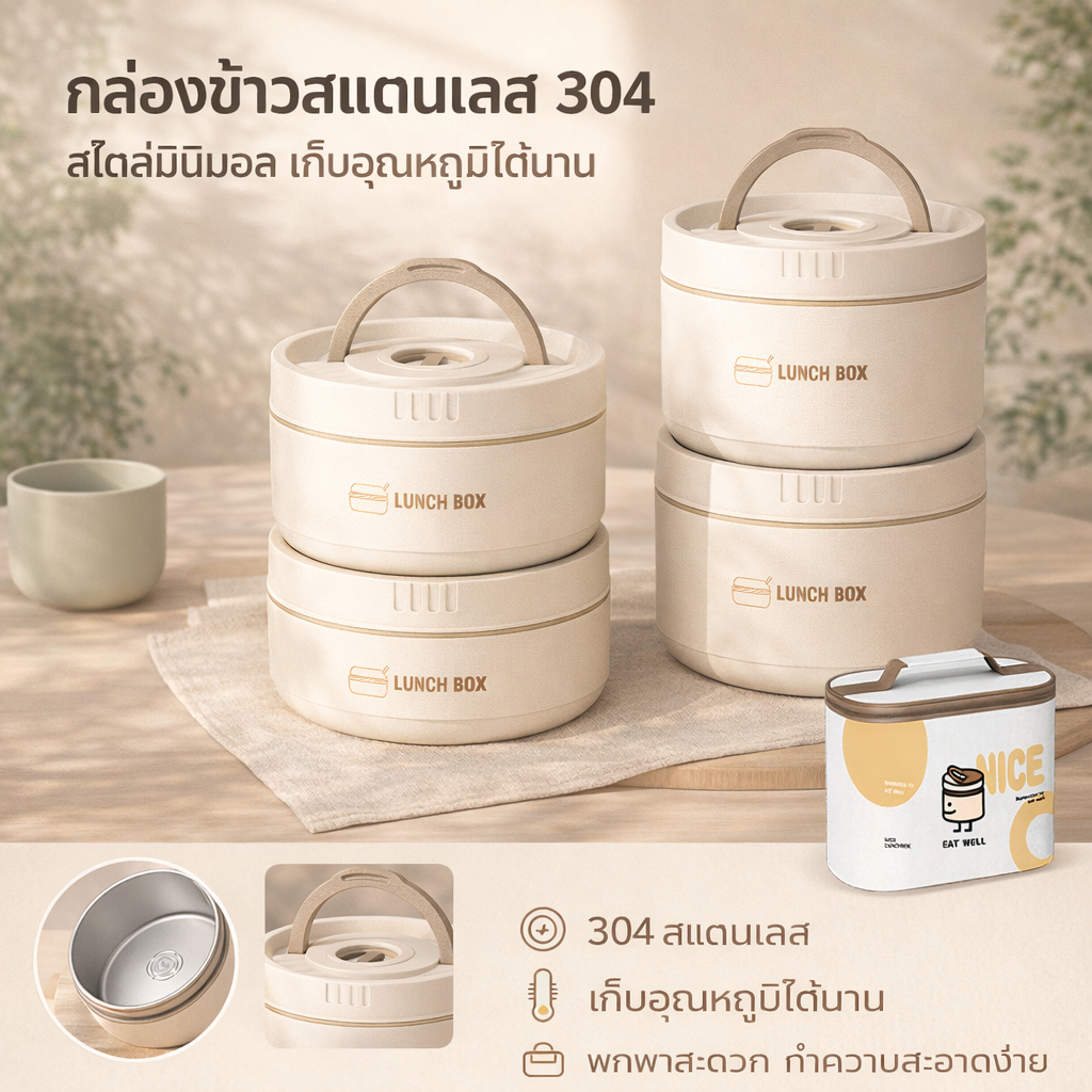 กล่องอาหารเก็บความร้อนสแตนเลส304 สไตล์มินิมอลอินสตาแกรม แบบมือจับ พร้อมถุงเก็บความร้อน กันรั่ว