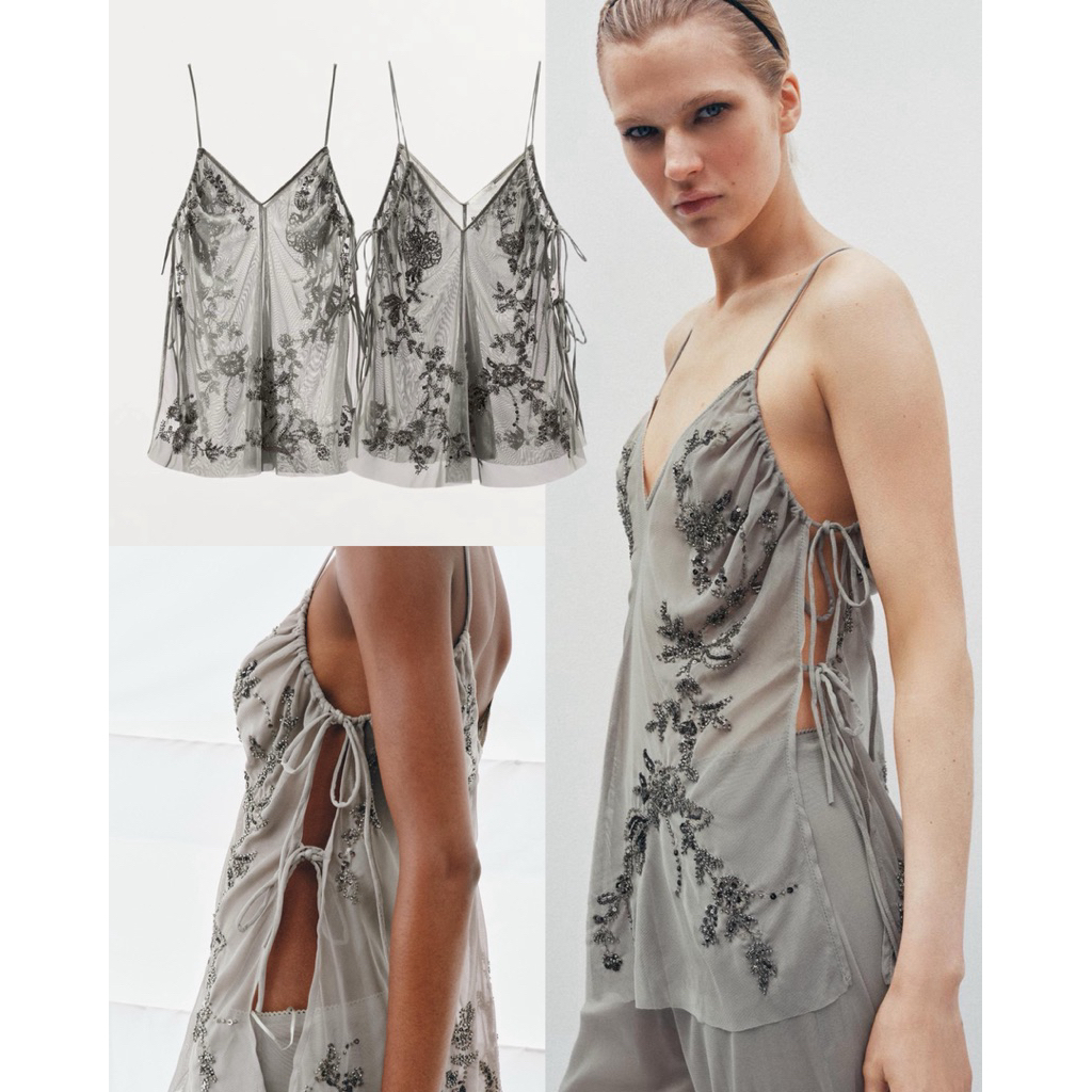 (ของแท้💯) Zara embroidered swquin top เสื้อสายเดี่ยวผูกข้าง เนื้อผ้าทูลล์ ปักเลื่อมทั้งตัว
