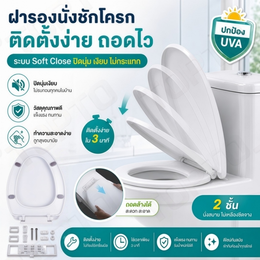 H83-ฝารองนั่งชักโครก ทรงV ระบบ Soft Close ปิดนุ่มนวล  แข็งแรงทนทาน ฝาชักโครก พร้อมอุปกรณ์ติดตั้งครบชุด 🚽สินค้าพร้อมส่ง🚽