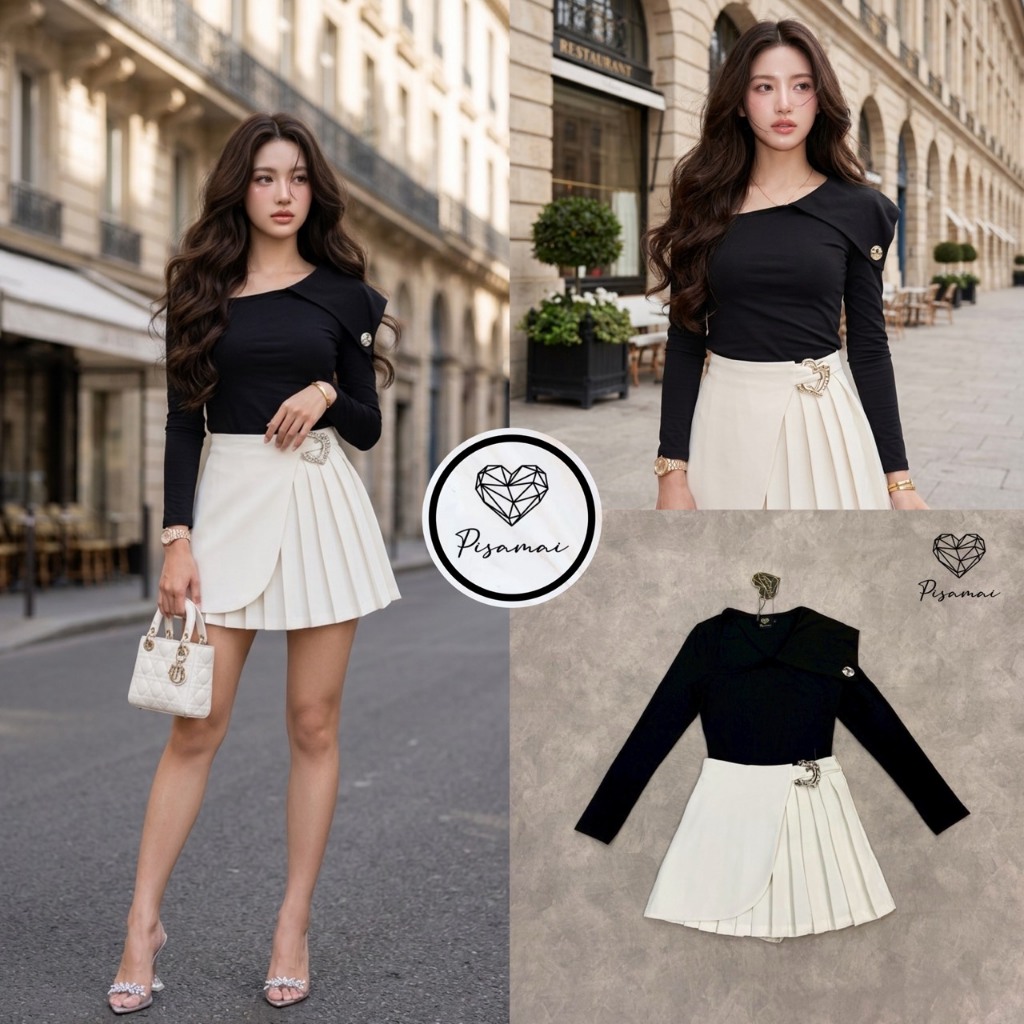 PISAMAI Set2ชิ้นเสื้อแขนยาวสีดำ-กระโปรงพลีตสั้น