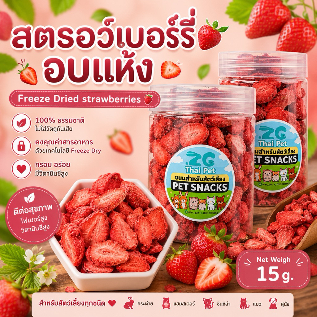 [ZC] สตรอว์เบอรี่ ฟรีซดราย Freeze Dried Strawberries 🍓  ผลไม้ลับฟัน/ขนมทานเล่นสำหรับสัตว์เลี้ยงทุกชนิด กระปุกขนาด 15 g.