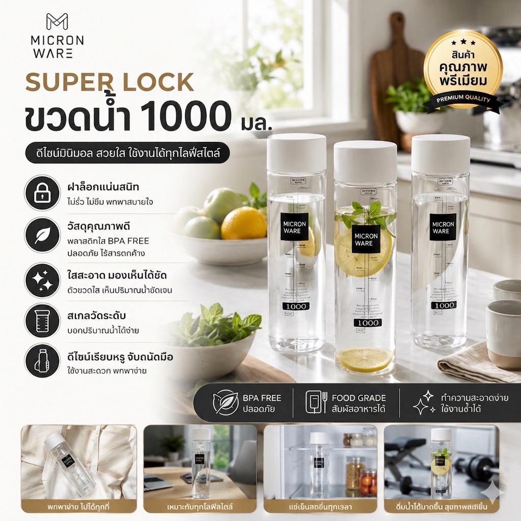 SUPER LOCK  ขวดน้ำ 1000 มล. แพ็ค 1x3 1209379 สีขาว วางเเนวนอนได้ไม่รั่วไม่ซึม