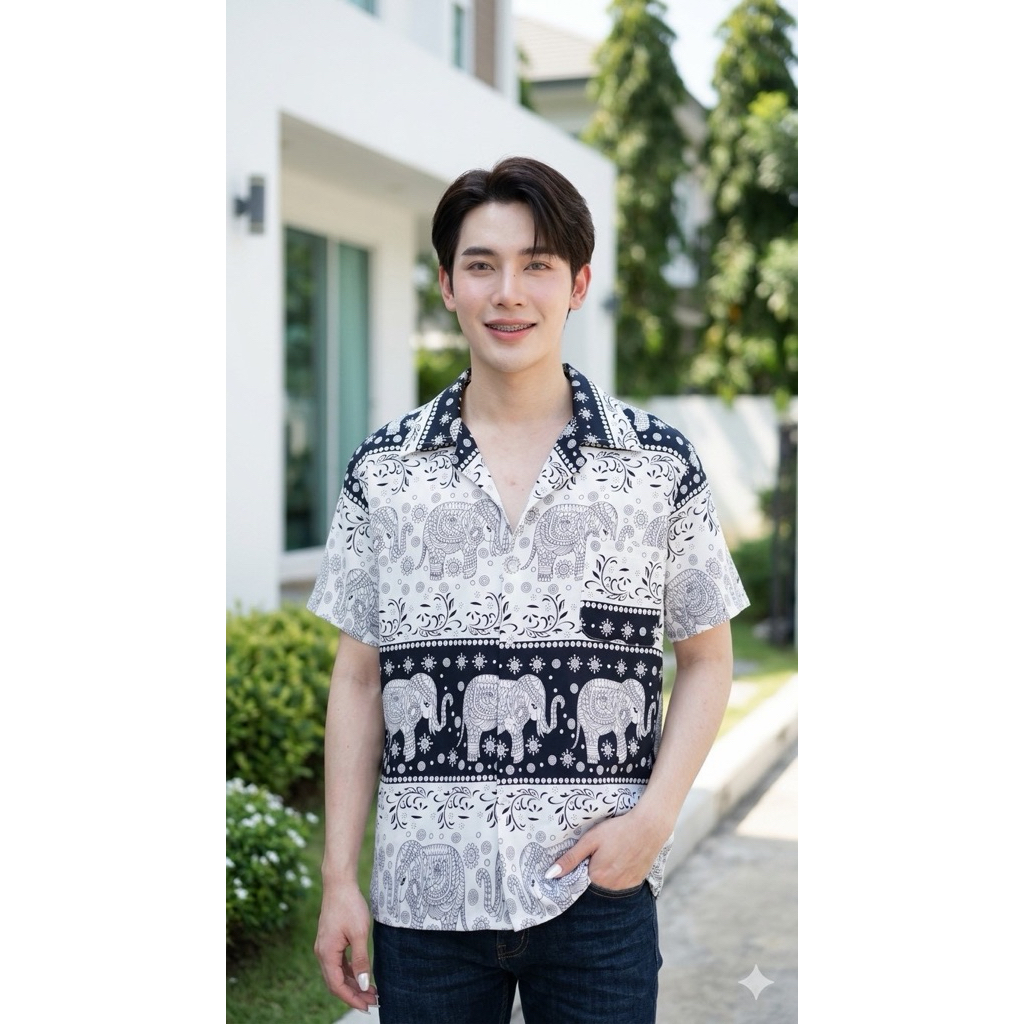 INTERเสื้อเชิ้ตฮาวาย(ลายช้างไทย) ใส่ได้ทั้งชายและหญิง ผ้าไหมอิตาลีเกรดพรีเมี่ยม