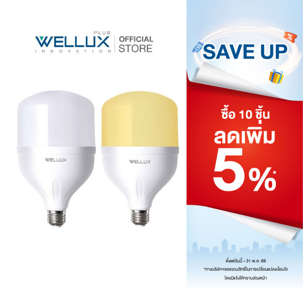 WELLUX หลอดไฟกำลังวัตต์สูง 20W 30W 40W 50W 60W แสงขาว แสงวอร์ม LED High Power ขั้วE27