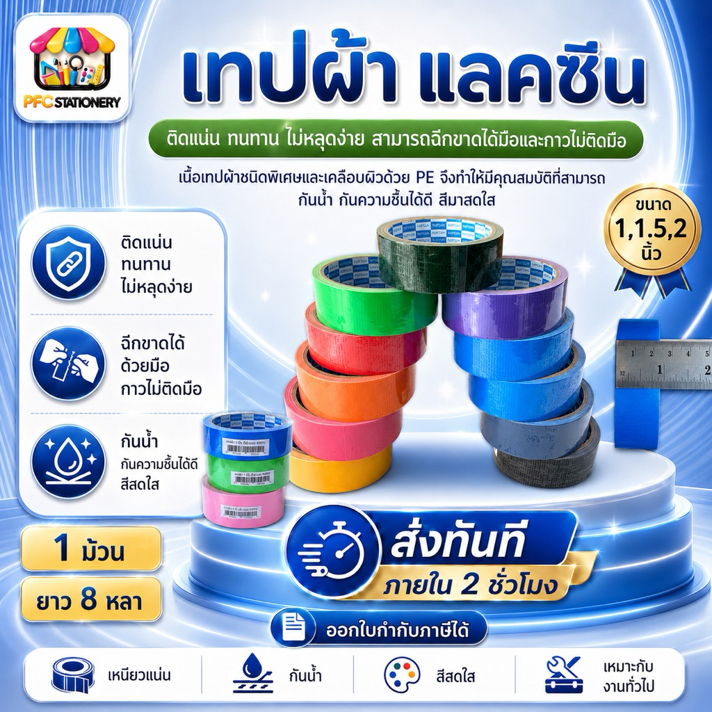 [ส่งทันที]เทปผ้า แลคซีน ขนาด 1,1.5,2  นิ้ว x 8 หลา ยี่ห้อ Kirin ( 1 ม้วน ) เข้าสันเล่มงานเอกสาร