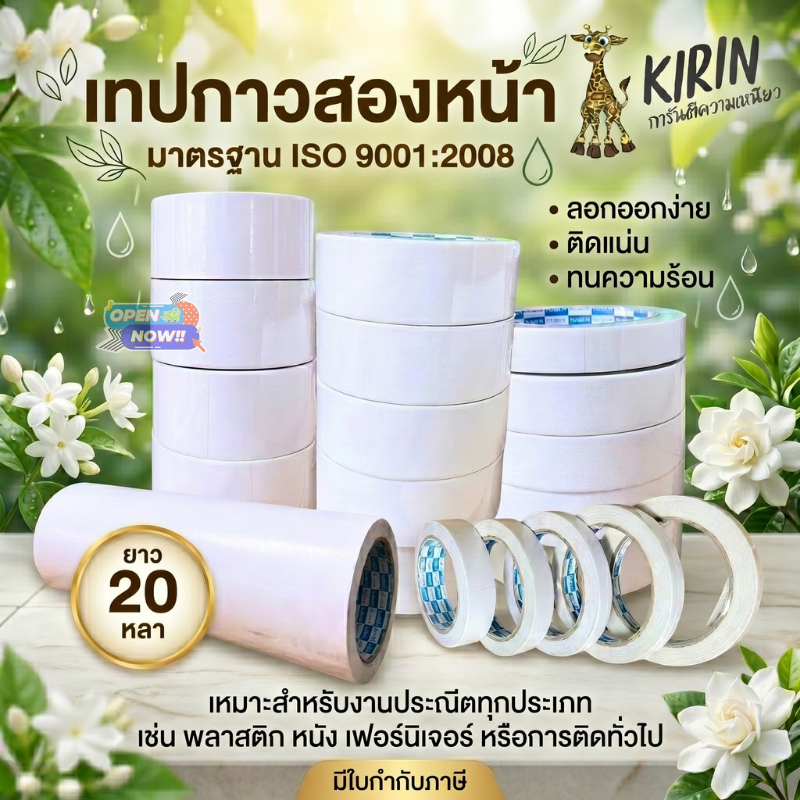 (ส่งด่วน)เทปเยื่อ เทปกาวสองหน้า KIRIN ยาว 20 หลา  เหนียว ติดแน่น ทนความร้อนได้ดี ลอกออกได้