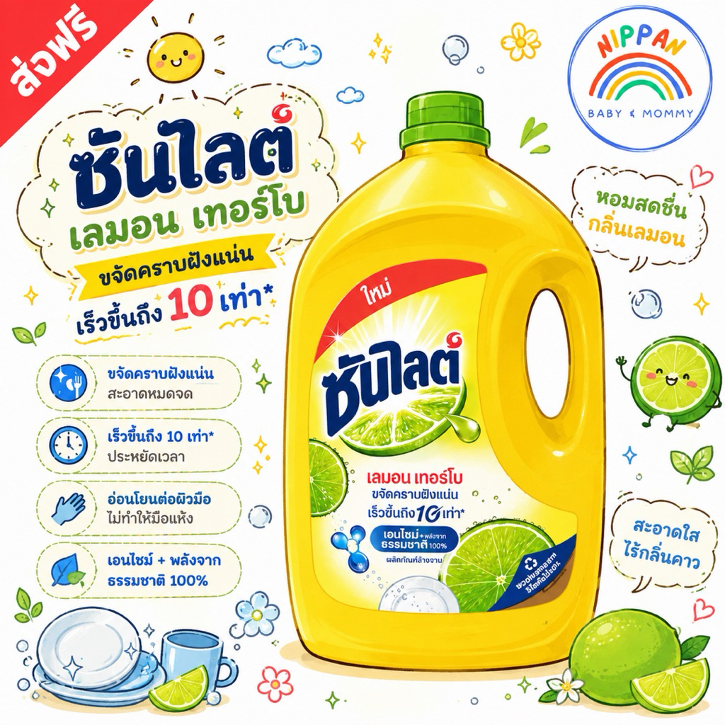ส่งฟรี 🧽🍋ซันไลต์🫧 🍽️เลมอน เทอร์โบ น้ำยาล้างจาน 3200 มล. (แกลลอน) น้ำยาล้างจาน ซันไลต์