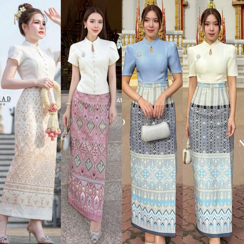 🚩ร้านโค้ดคุ้ม🚩 NABI ชุดไทย เสื้อคอปกตั้งสีครีม กระโปรงทรงผ้าถุง งานบุญ งานบวช แฟนนาค