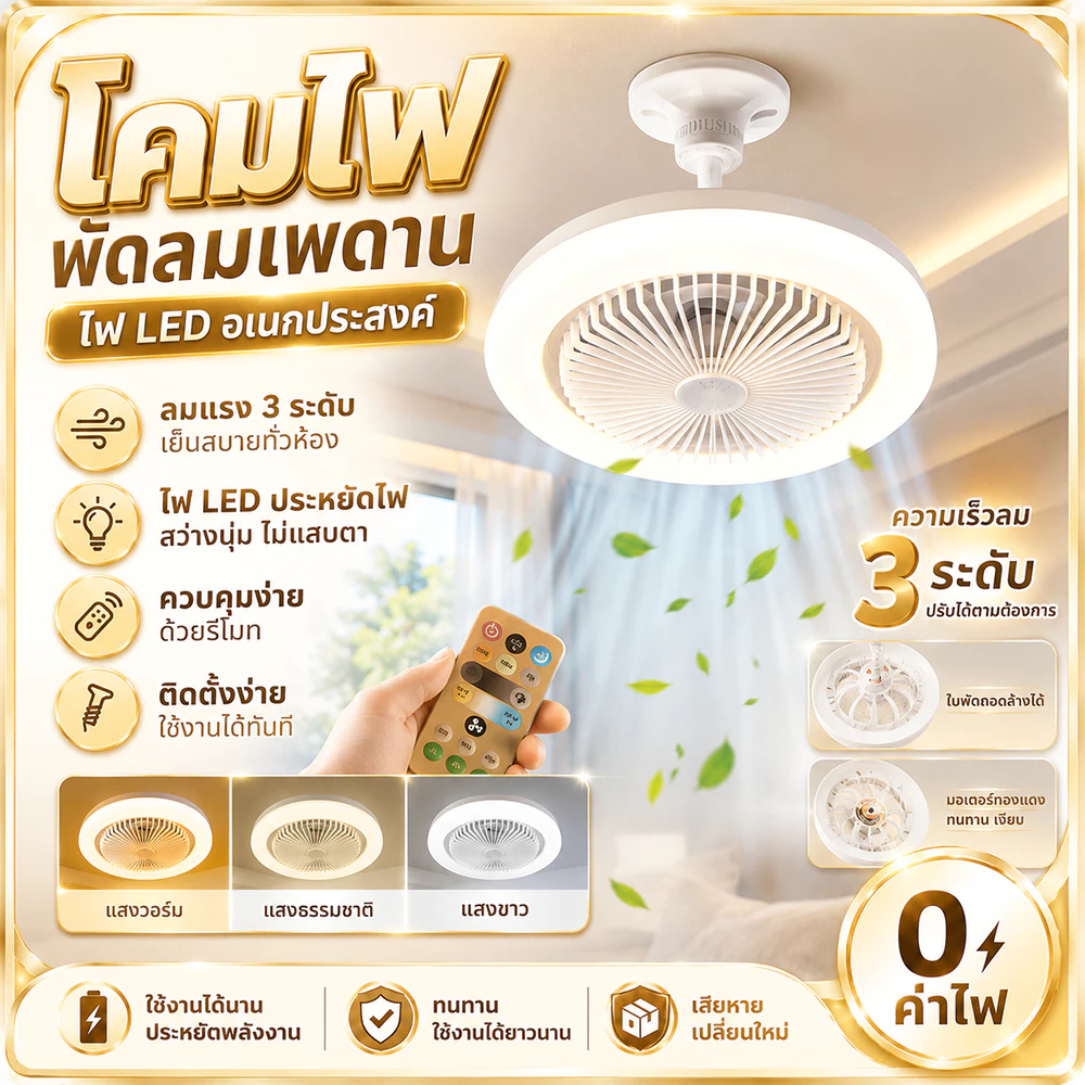 【2ใน1📌】พัดลมโคมไฟ ไฟเพดาน โคมไฟพัดลมเพดานE27 40W 2ใน1มัลติฟังก์ชั่น พัดลม สามสีปรับได้ รีโมทคอนโทรล