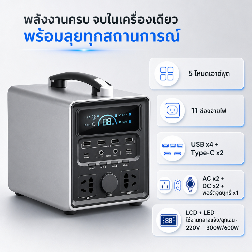 แหล่งจ่ายไฟเก็บพลังงานกลางแจ้งอัจฉริยะ 300000mah ~ 400000mah ธนาคารพลังงานกลางแจ้ง 300W/600W ความจุข