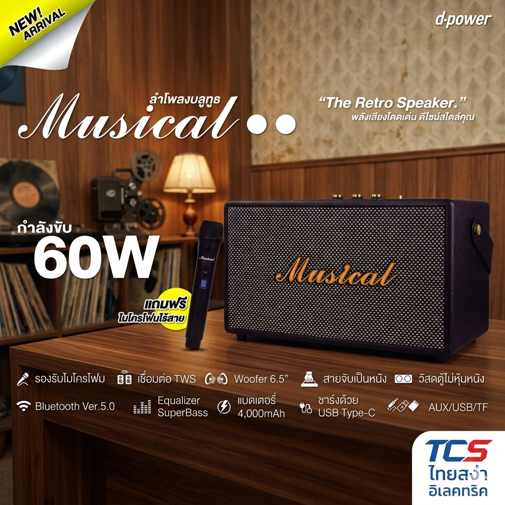 d-power ลำโพงบลูทูธสไตล์เรโทร รุ่น MUSICAL I,III Plus  40W,60W ลำโพง 4,5นิ้ว*2 แถมไมค์ลอย