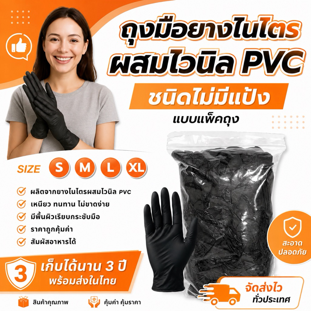 ถุงมือไนไตรไวนิล PVC สีดำ (แบบแพ็คถุงอย่างดี)ใส่สัมผัสอาหารได้ ถุงมืออเนกประสงค์ แบบหนา