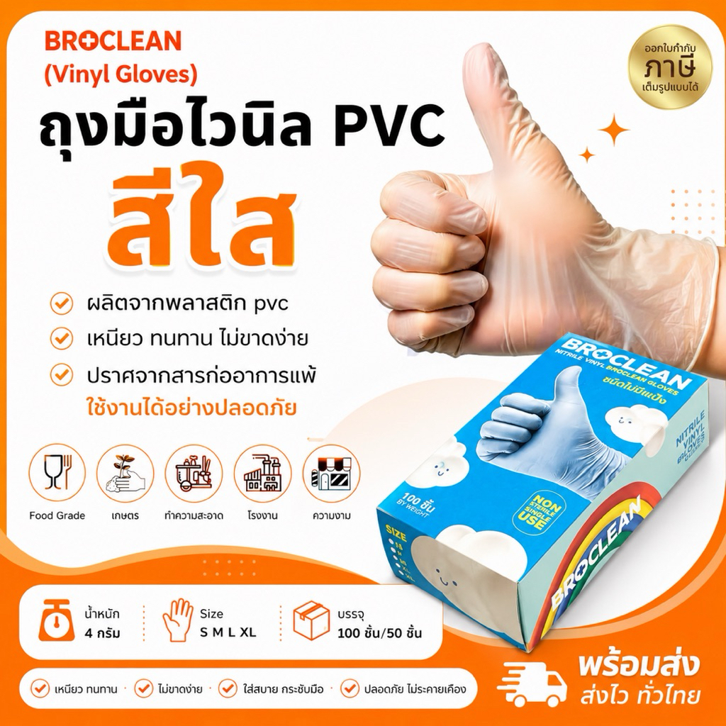 ถุงมืออเนกประสงค์ ถุงมือไนไตรไวนิล PVC ถุงมืออย่างหนา สีใส Broclean ไม่มีแป้ง ส่งไวพร้อมส่ง⚡️