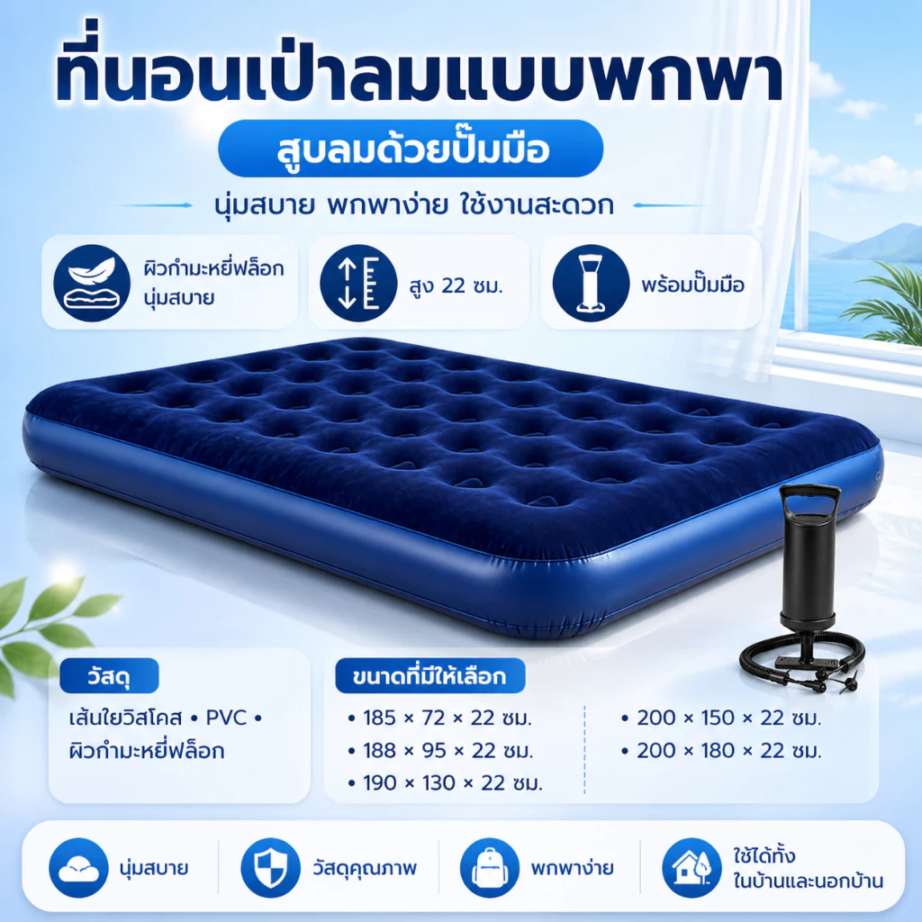 FLM ที่นอนเป่าลม ที่นอนลม เตียงเป่าลม ที่นอนแคมป์ปิ้ง สีน้ําเงิน Flocked Air Beds thumbnail 8