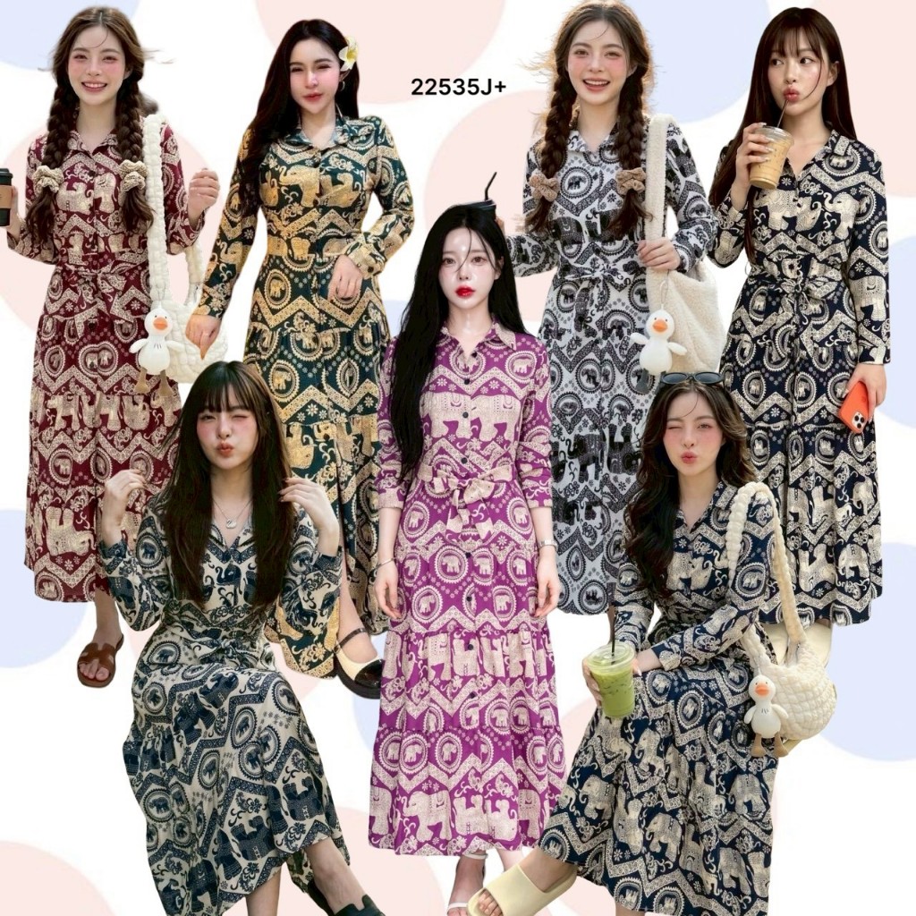 เดรสเชิ้ตยาว เอวผูกโบว์ ลายช้าง TT22535