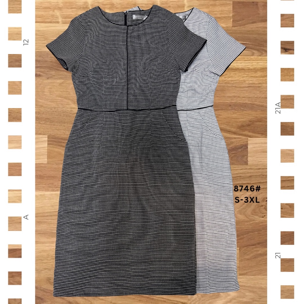 Laboratory 8746#ทวิต เดรสคอกลม ทรงสอบผ้าทอลายมีไซส์ S-3XL