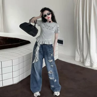 Beryl kids🌸กางเกงเด็ก🎀กางเกงยีนส์ขายาว แบบขาด เอวยางยืด ผ้ายีนส์นิ่ม ทรงสวย วินเทจ แฟชั่นสไตล์เกาหลี สําหรับเด็กผู้หญิง