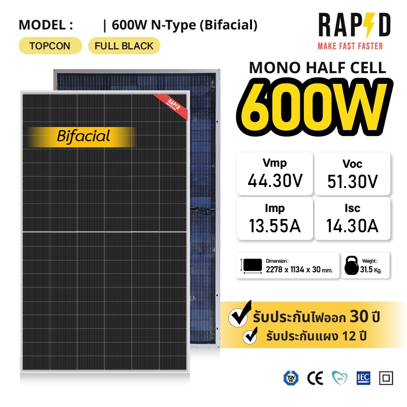 RAPD ส่งฟรี โดยร้านค้า-โปรชุดแผง โซล่าเซลล์ 600W (รับประกันแผง12ปีประกันไฟออก30ปี)