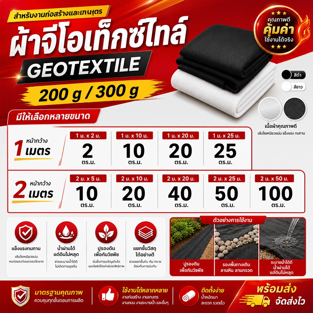 แผ่นใยสังเคราะห์ Geotextile แบ่งตัด 150GSM รุ่น 200G 300G ขนาด 5 10 20 25 50 เมตร (10 - 100 ตรม.)