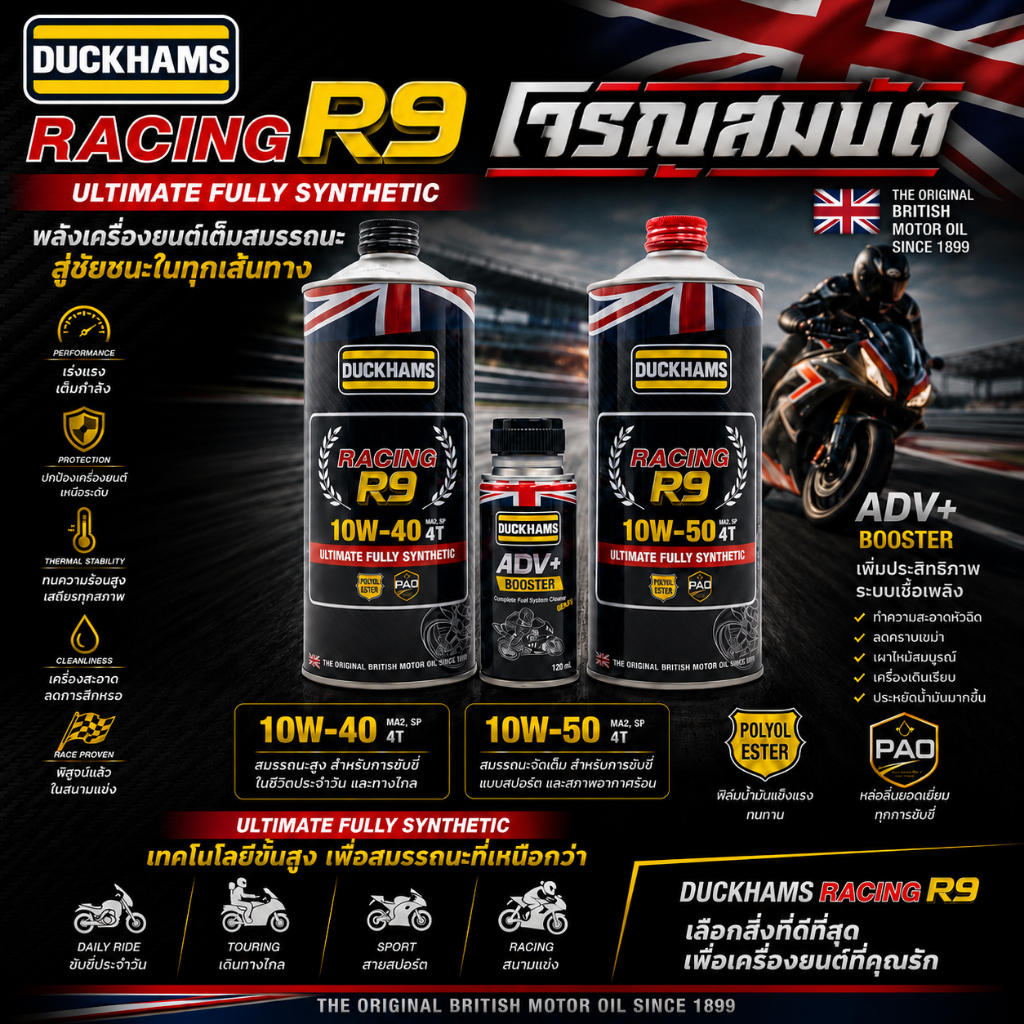 น้ำมันเครื่องรถจักรยนยานต์ DUCKHAMS RACING R9 10W-40, 10W-50 ขนาด 1ลิตร , สารทำความสะอาดหัวฉีด ADV+ ขนาด 120ml